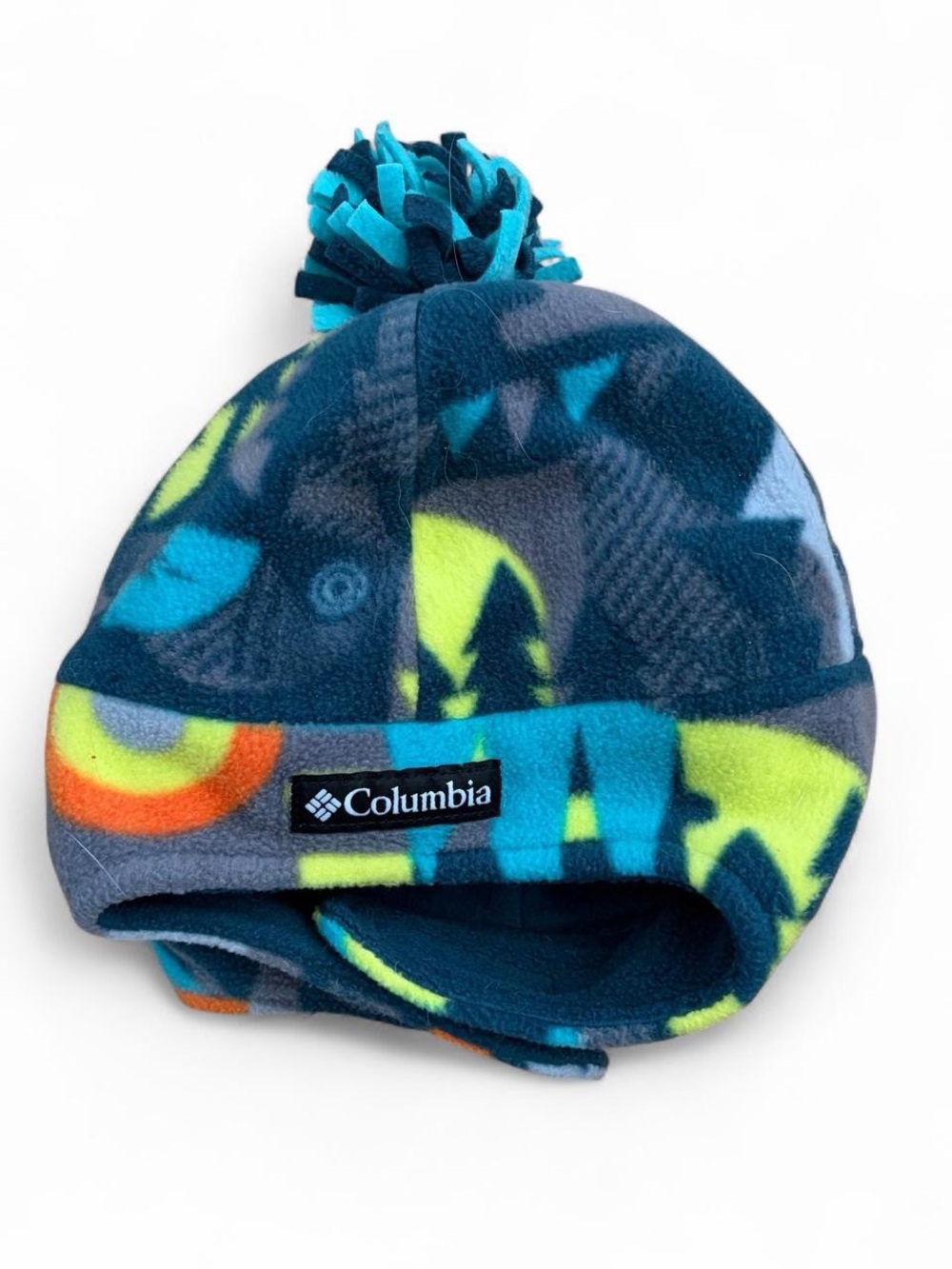 Columbia Kids Navy Blue Teal Pom Fleece Hat with Neon Accents